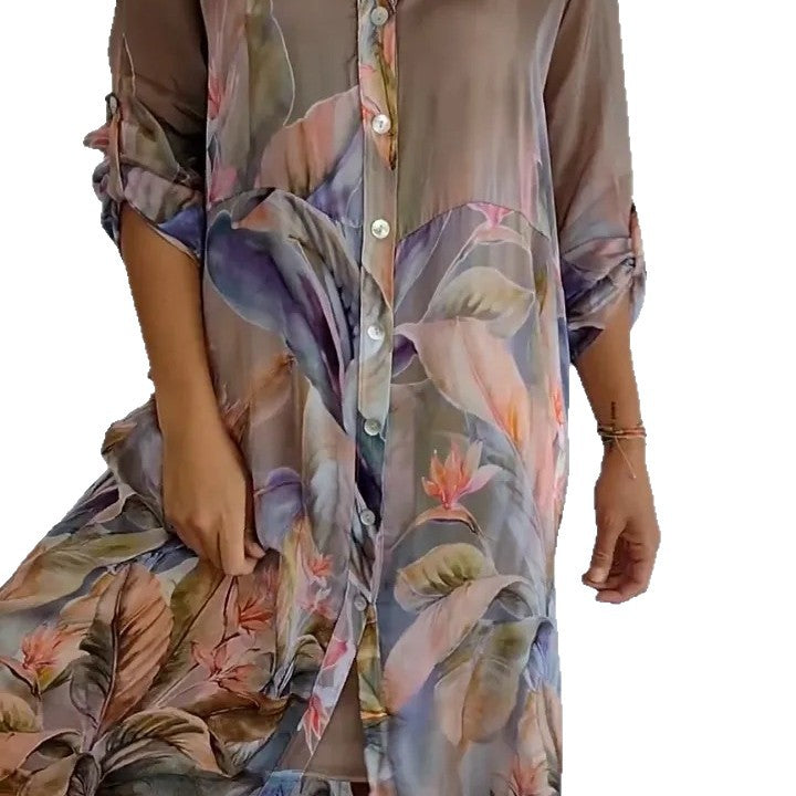 Printed-collar Long-sleeve Loose-fitting Maxi Dress