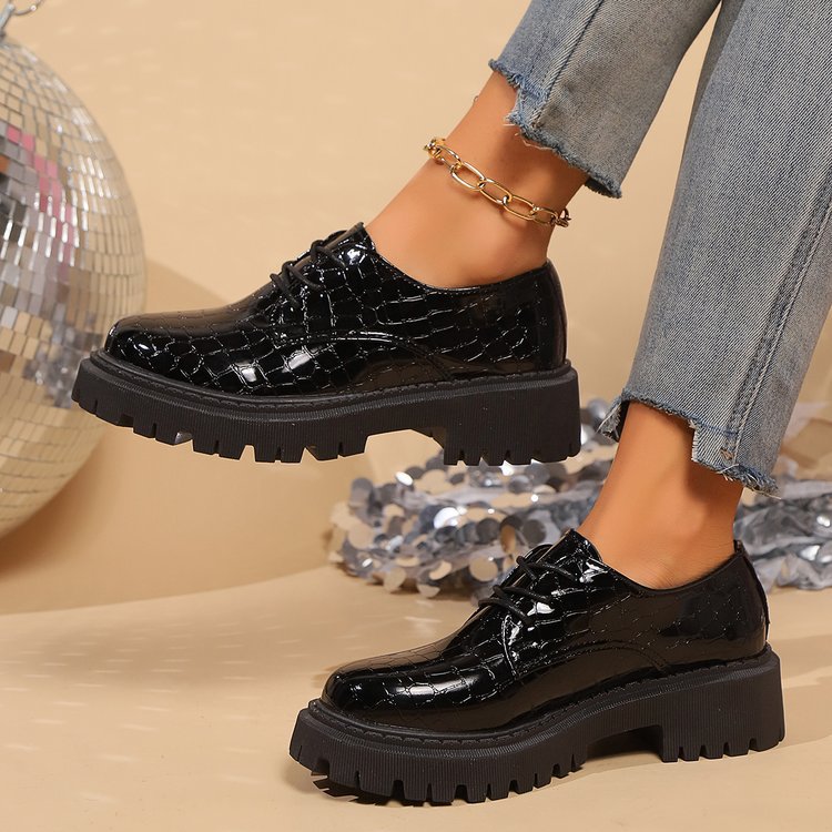 Lace-up Casual Round-toe Thick-soled Wedge Leather Shoes