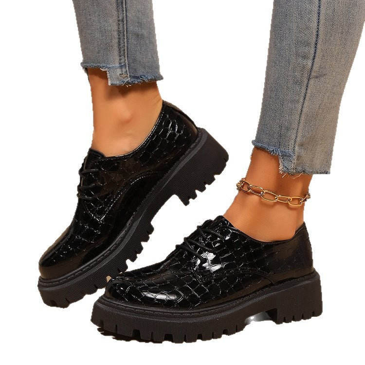 Lace-up Casual Round-toe Thick-soled Wedge Leather Shoes