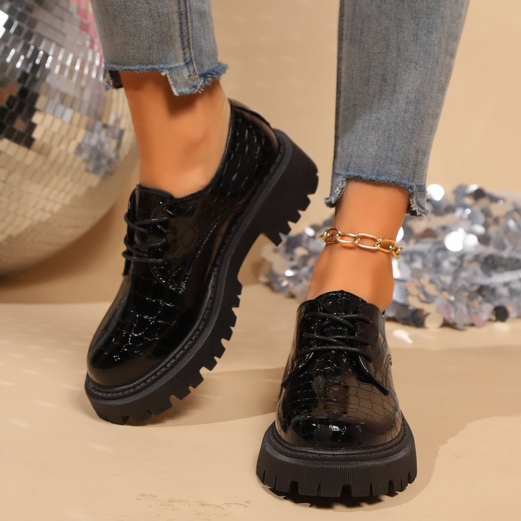 Lace-up Casual Round-toe Thick-soled Wedge Leather Shoes