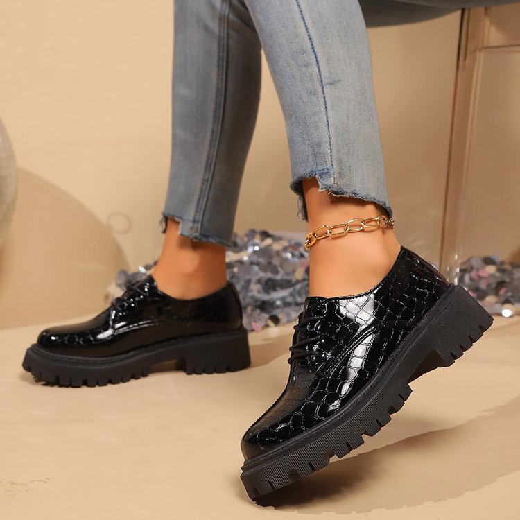 Lace-up Casual Round-toe Thick-soled Wedge Leather Shoes