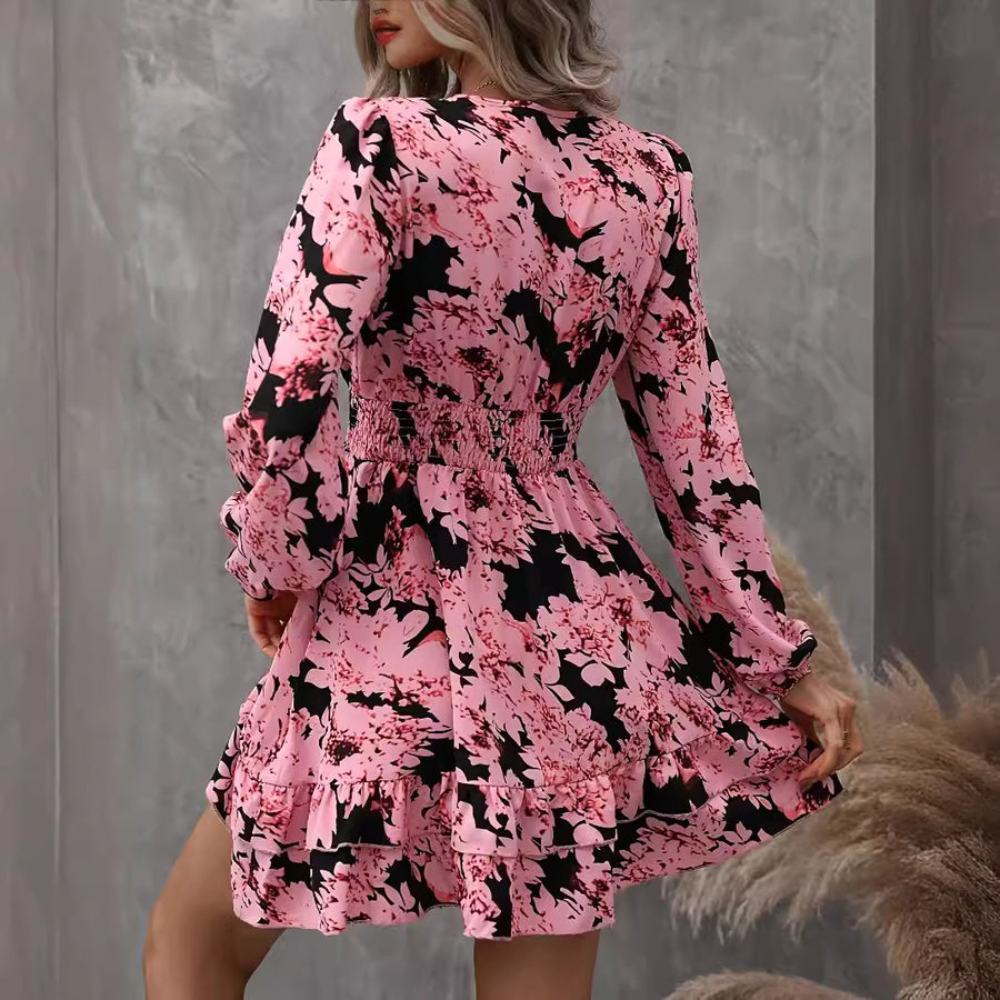 Floral-print Puff-sleeve Ruffled Long-sleeve Dress