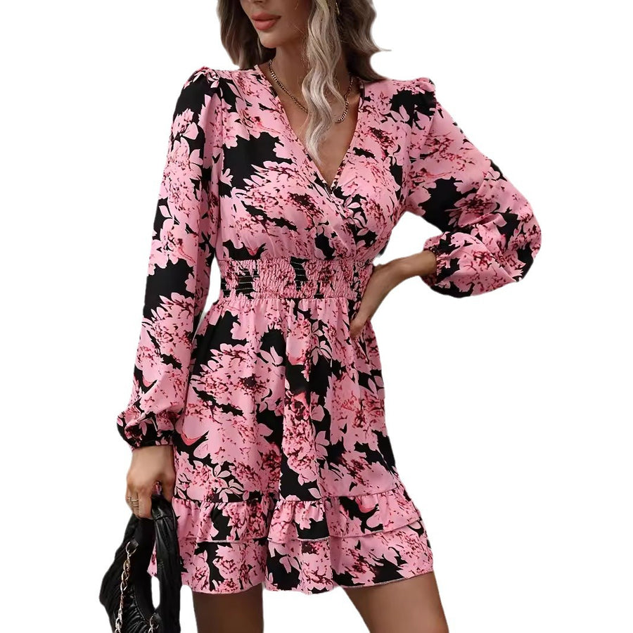 Floral-print Puff-sleeve Ruffled Long-sleeve Dress