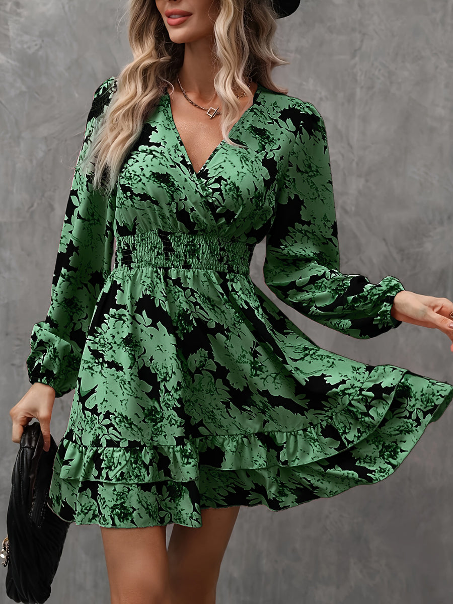 Floral-print Puff-sleeve Ruffled Long-sleeve Dress