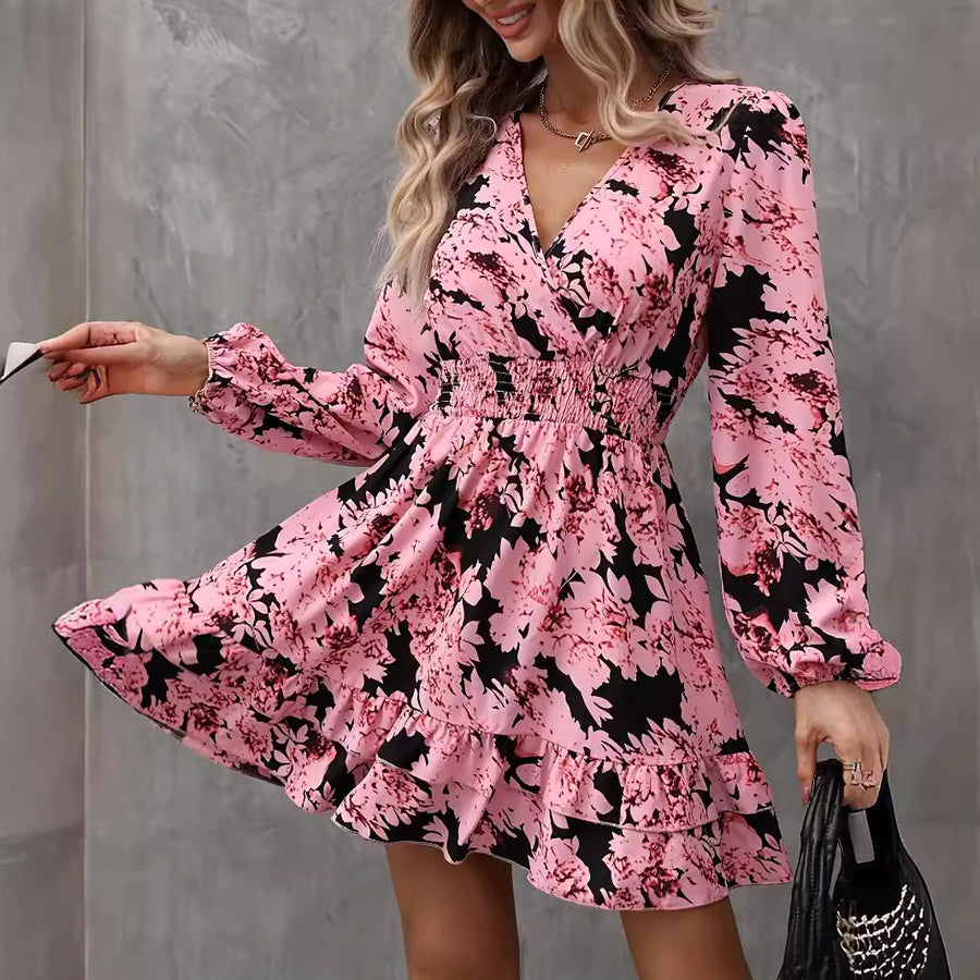 Floral-print Puff-sleeve Ruffled Long-sleeve Dress