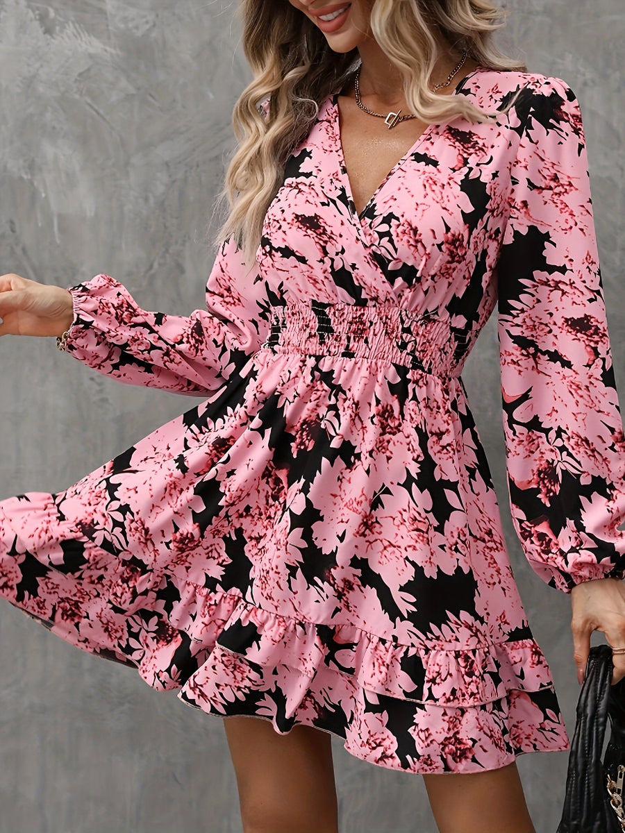 Floral-print Puff-sleeve Ruffled Long-sleeve Dress