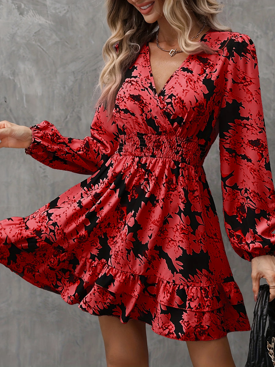Floral-print Puff-sleeve Ruffled Long-sleeve Dress