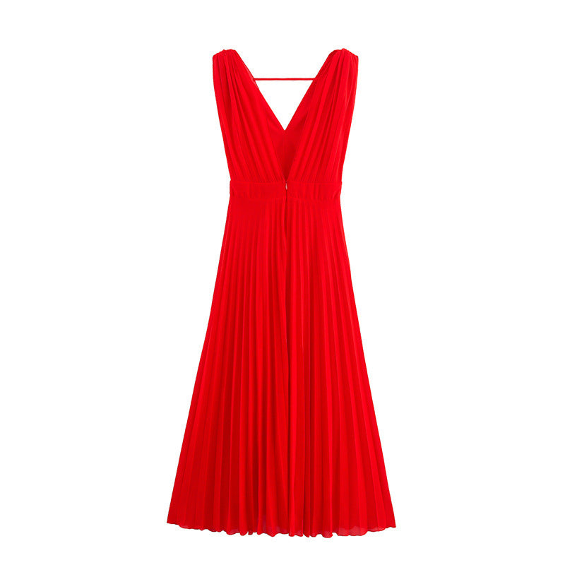 Womens Minimalist Pleated Midi Dress for Effortless Style