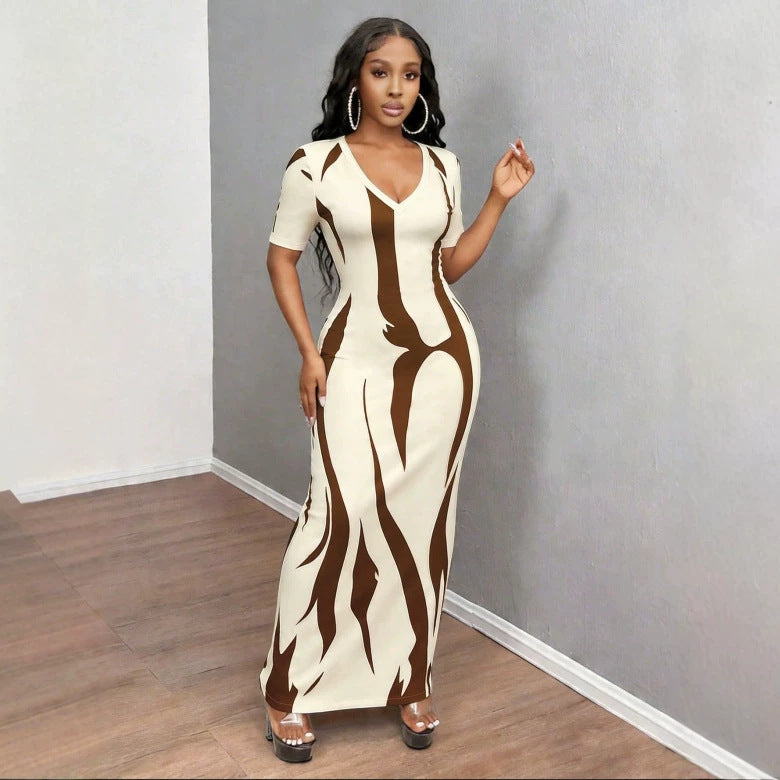 V-neck Slim-fit Pleated Short-sleeve Printed Dress for Women