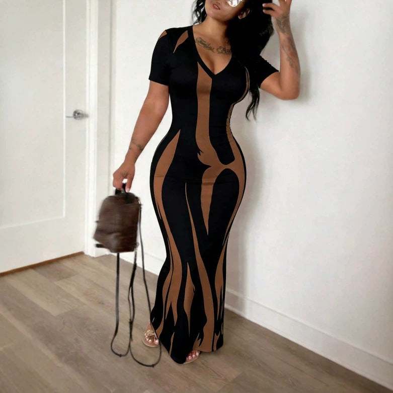 V-neck Slim-fit Pleated Short-sleeve Printed Dress for Women