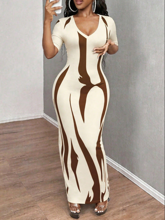 V-neck Slim-fit Pleated Short-sleeve Printed Dress for Women