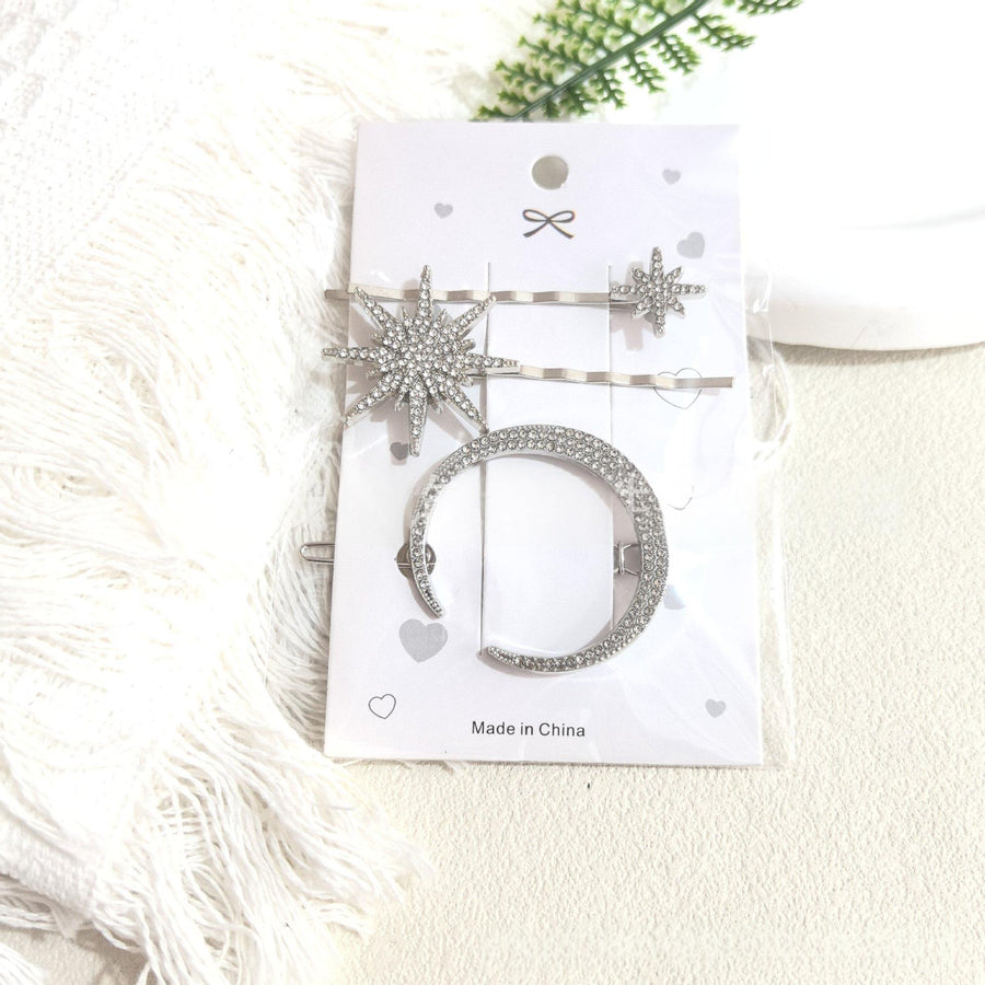 Diamond-Studded Hair Clip - Moon, Sun, and Star Design
