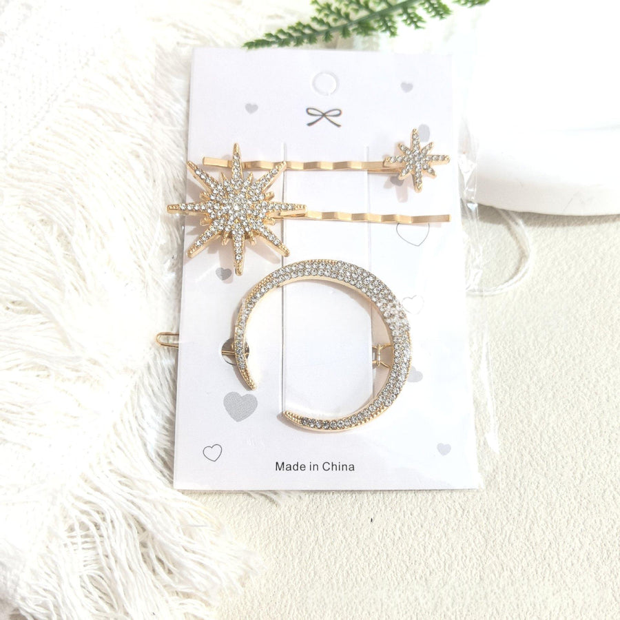 Diamond-Studded Hair Clip - Moon, Sun, and Star Design