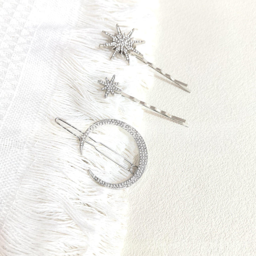 Diamond-Studded Hair Clip - Moon, Sun, and Star Design
