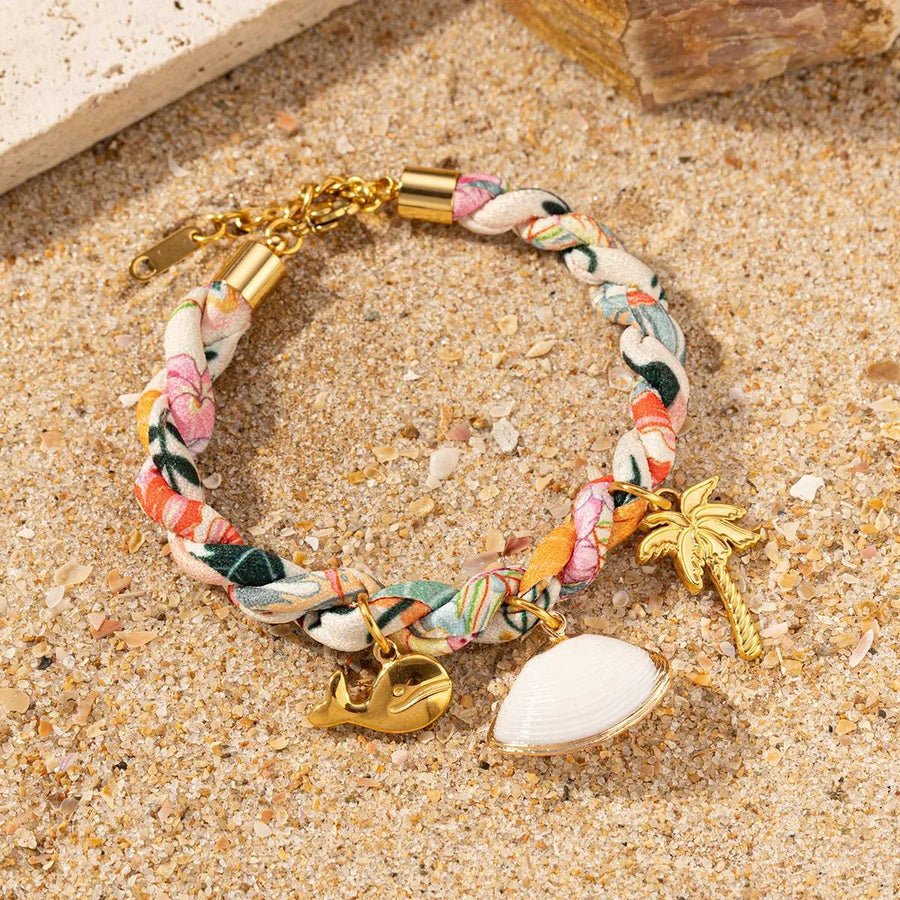 Colored Fabric Fan-shaped Seashell Gold Necklace & Bracelet Set