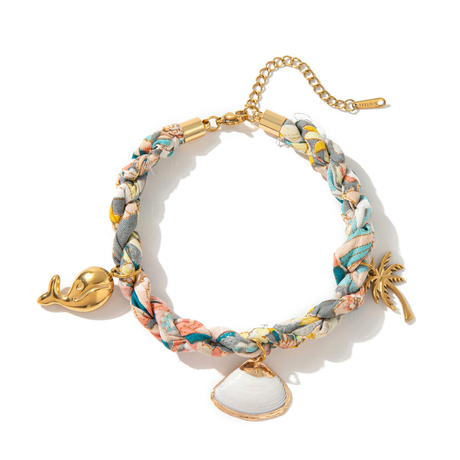 Colored Fabric Fan-shaped Seashell Gold Necklace & Bracelet Set