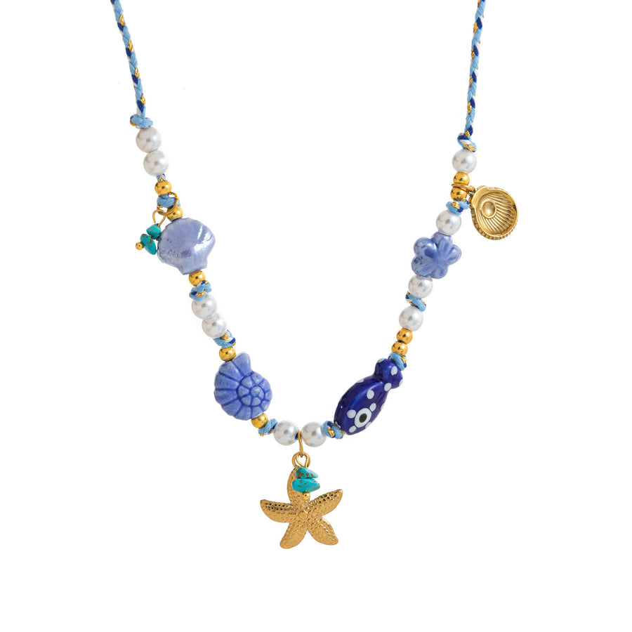 Colored Fabric Fan-shaped Seashell Gold Necklace & Bracelet Set
