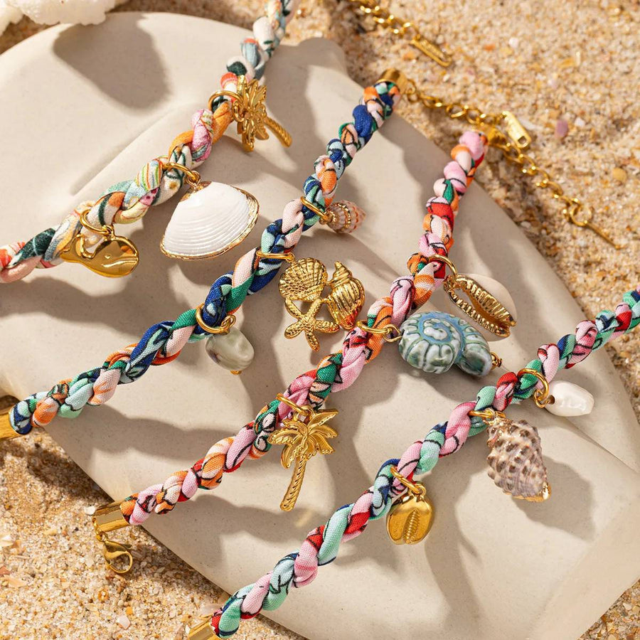 Colored Fabric Fan-shaped Seashell Gold Necklace & Bracelet Set