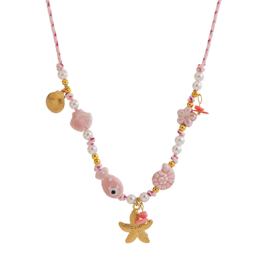 Colored Fabric Fan-shaped Seashell Gold Necklace & Bracelet Set