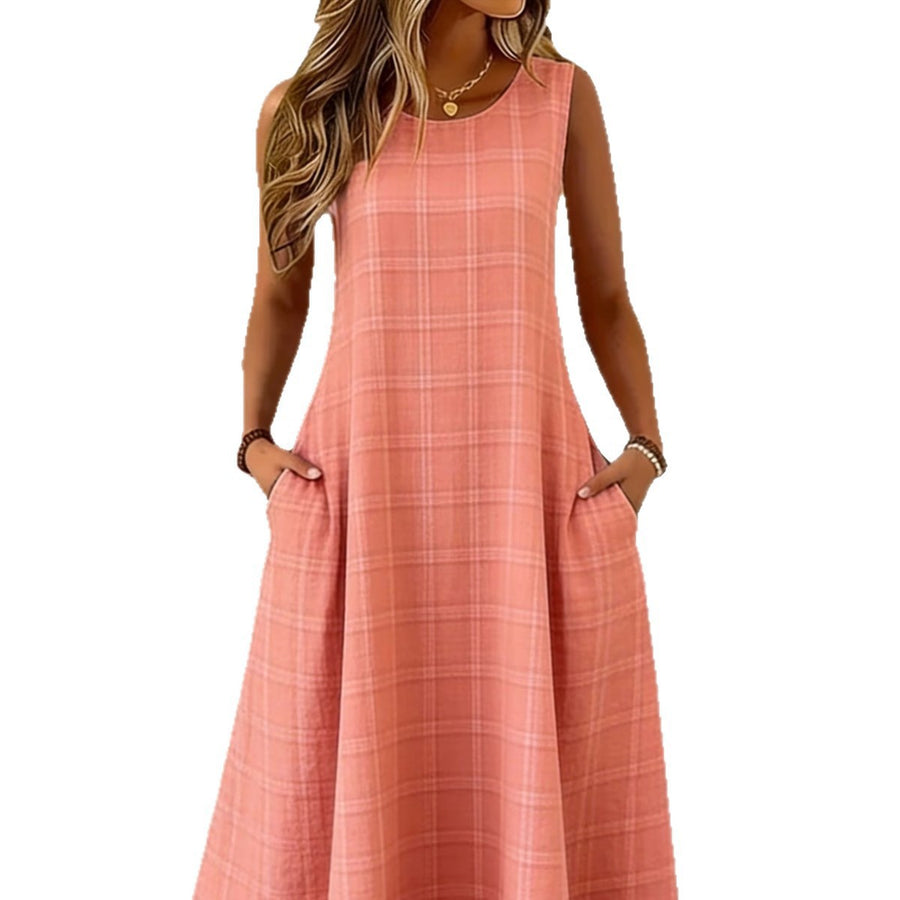 Stylish Printed Plaid Sleeveless Crew-Neck Dress for Women