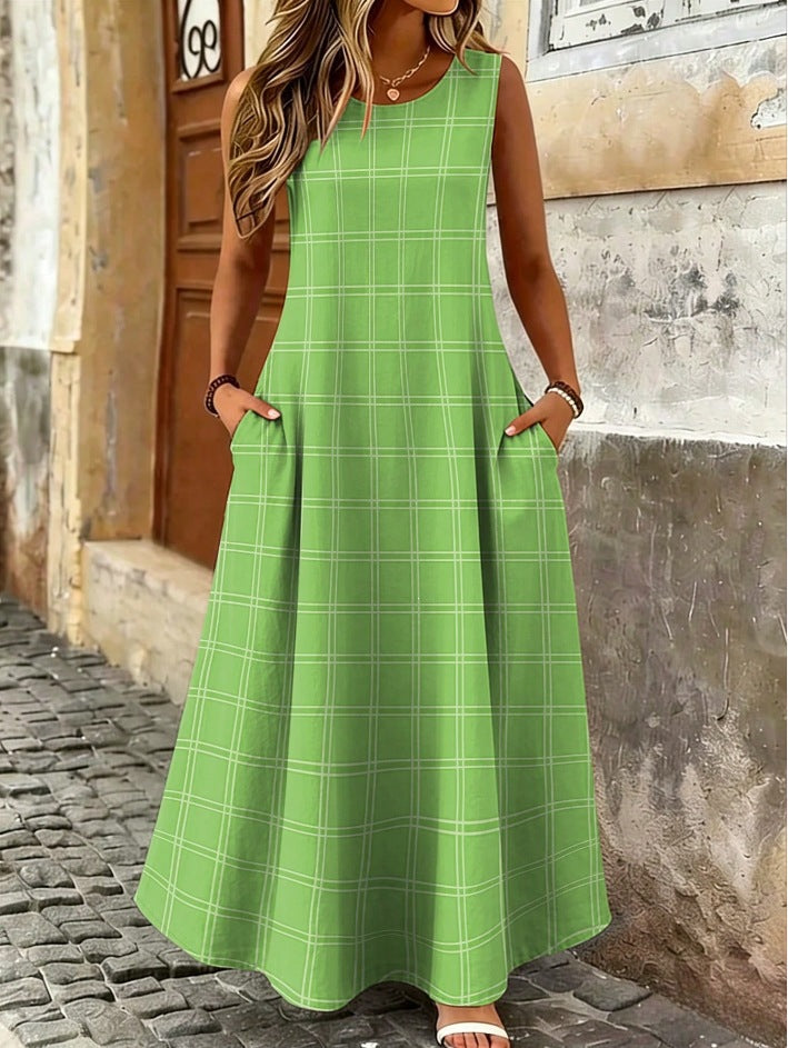 Stylish Printed Plaid Sleeveless Crew-Neck Dress for Women