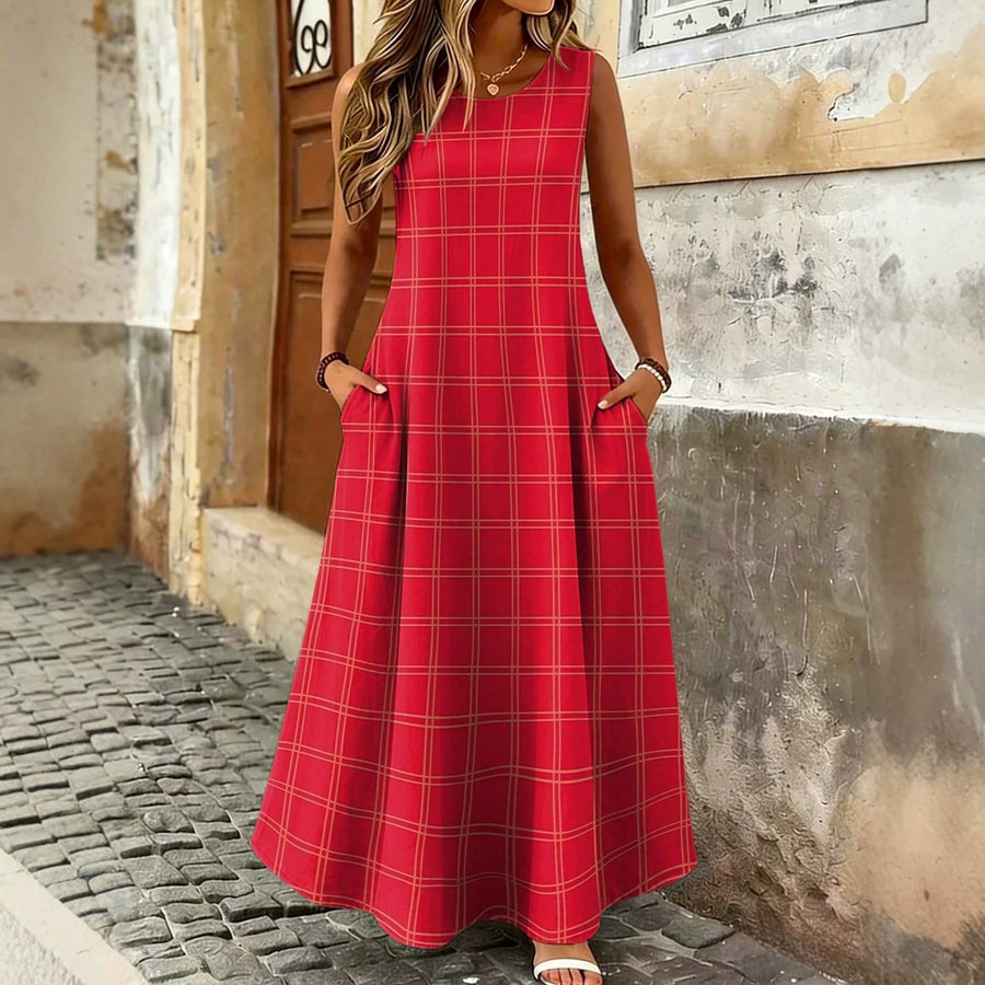 Stylish Printed Plaid Sleeveless Crew-Neck Dress for Women