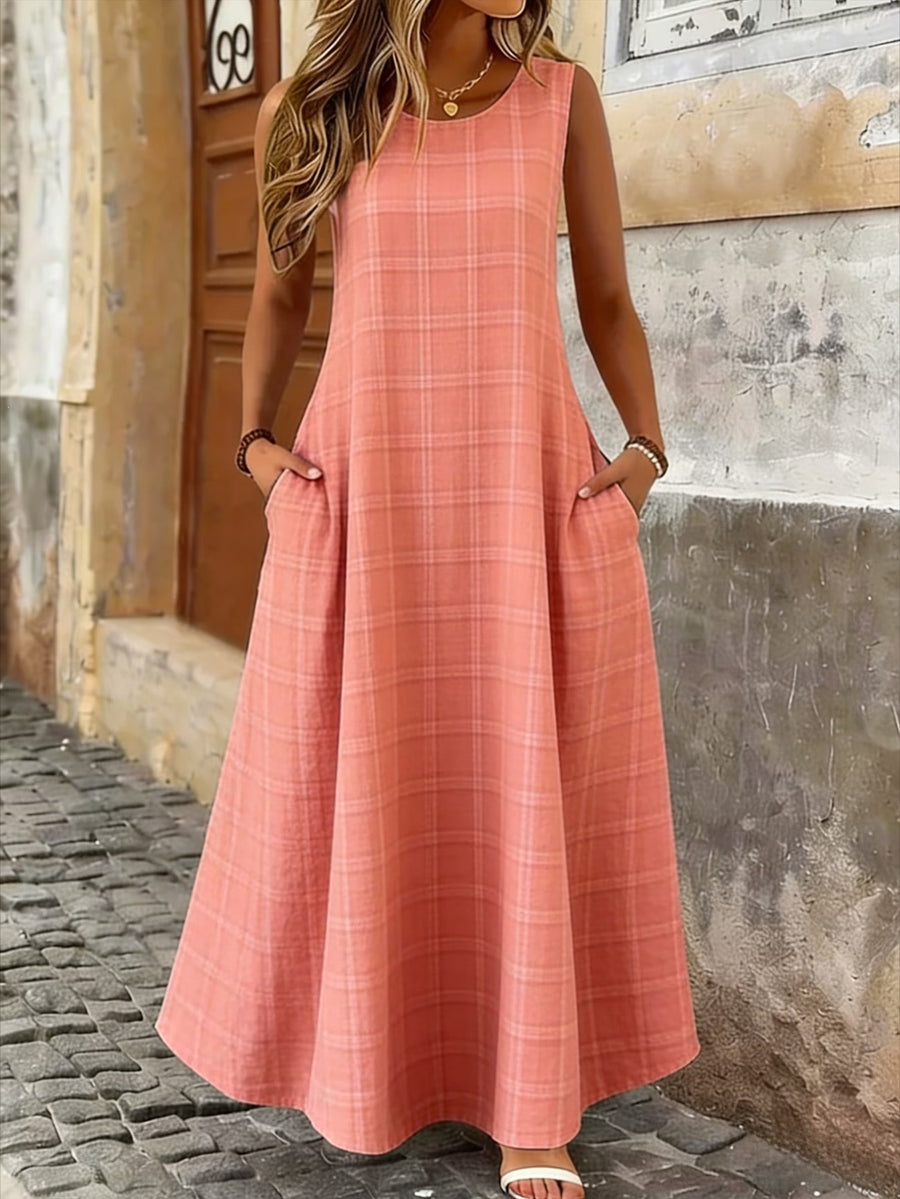 Stylish Printed Plaid Sleeveless Crew-Neck Dress for Women