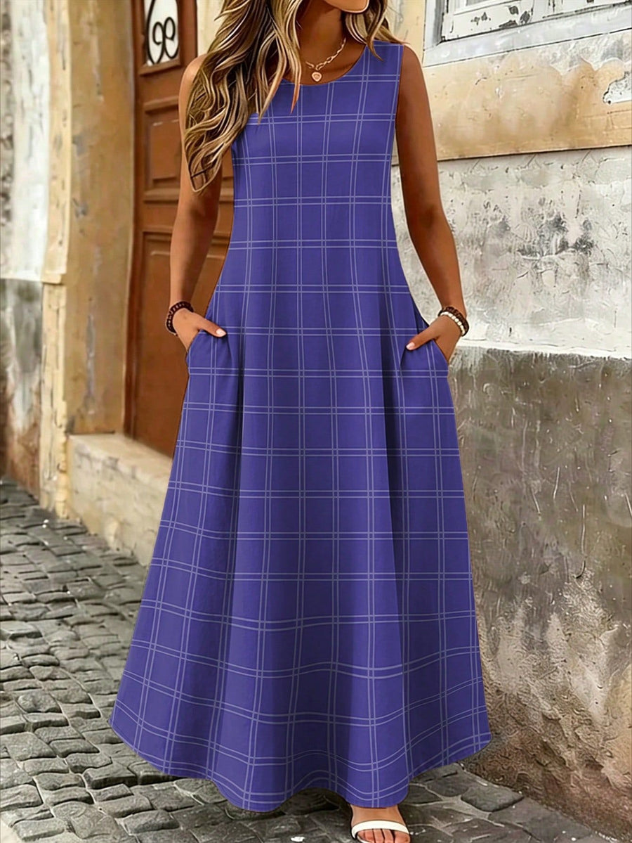 Stylish Printed Plaid Sleeveless Crew-Neck Dress for Women