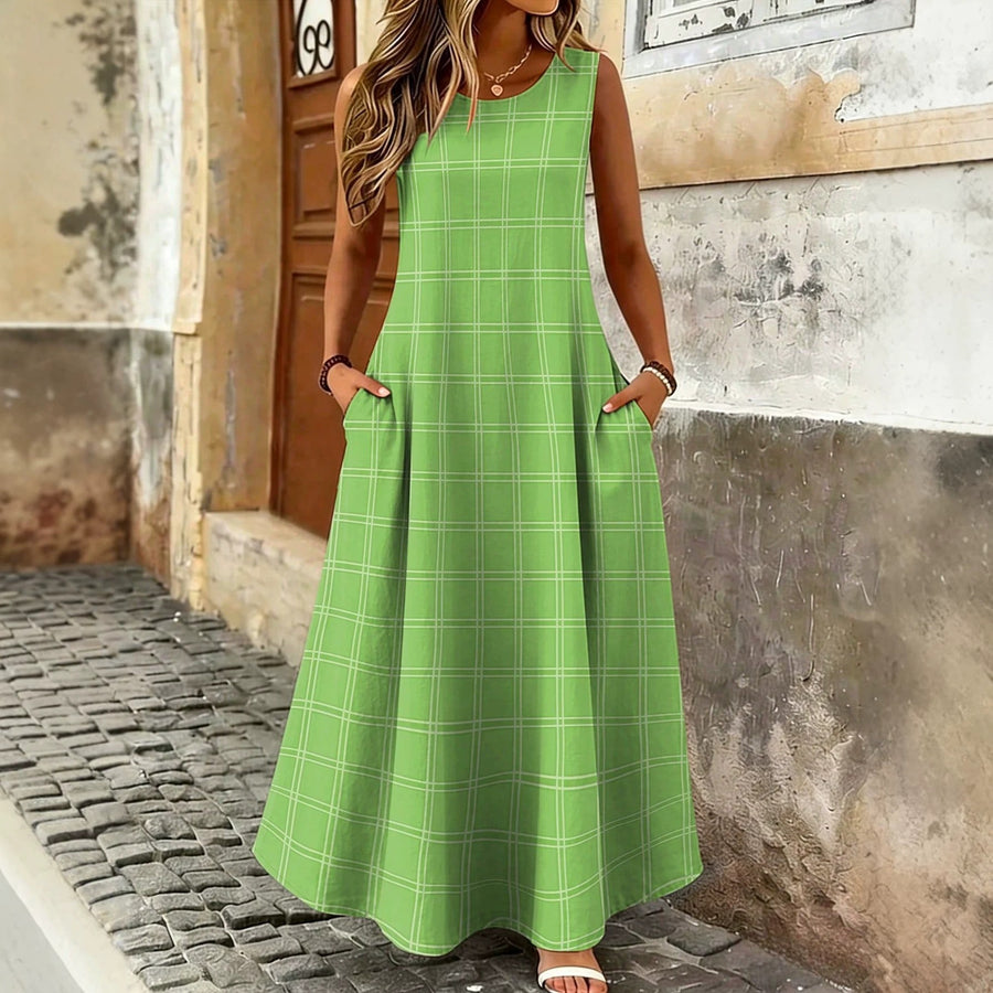 Stylish Printed Plaid Sleeveless Crew-Neck Dress for Women
