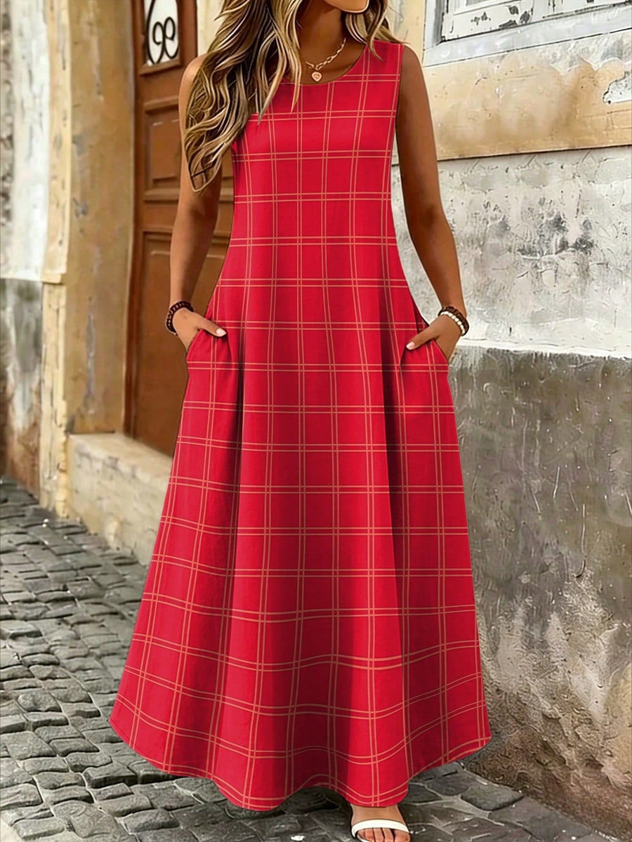 Stylish Printed Plaid Sleeveless Crew-Neck Dress for Women