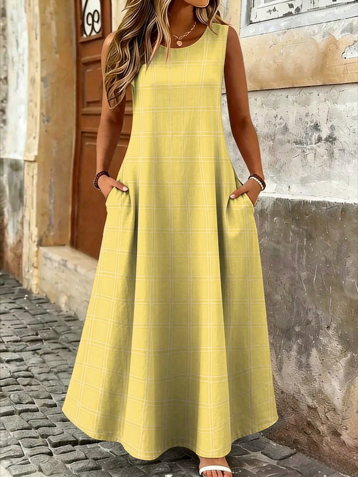 Stylish Printed Plaid Sleeveless Crew-Neck Dress for Women