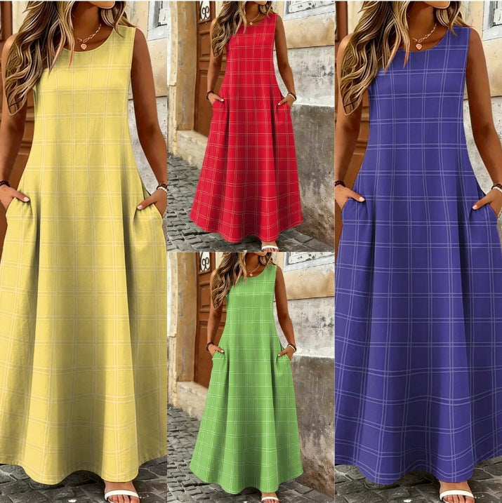 Stylish Printed Plaid Sleeveless Crew-Neck Dress for Women