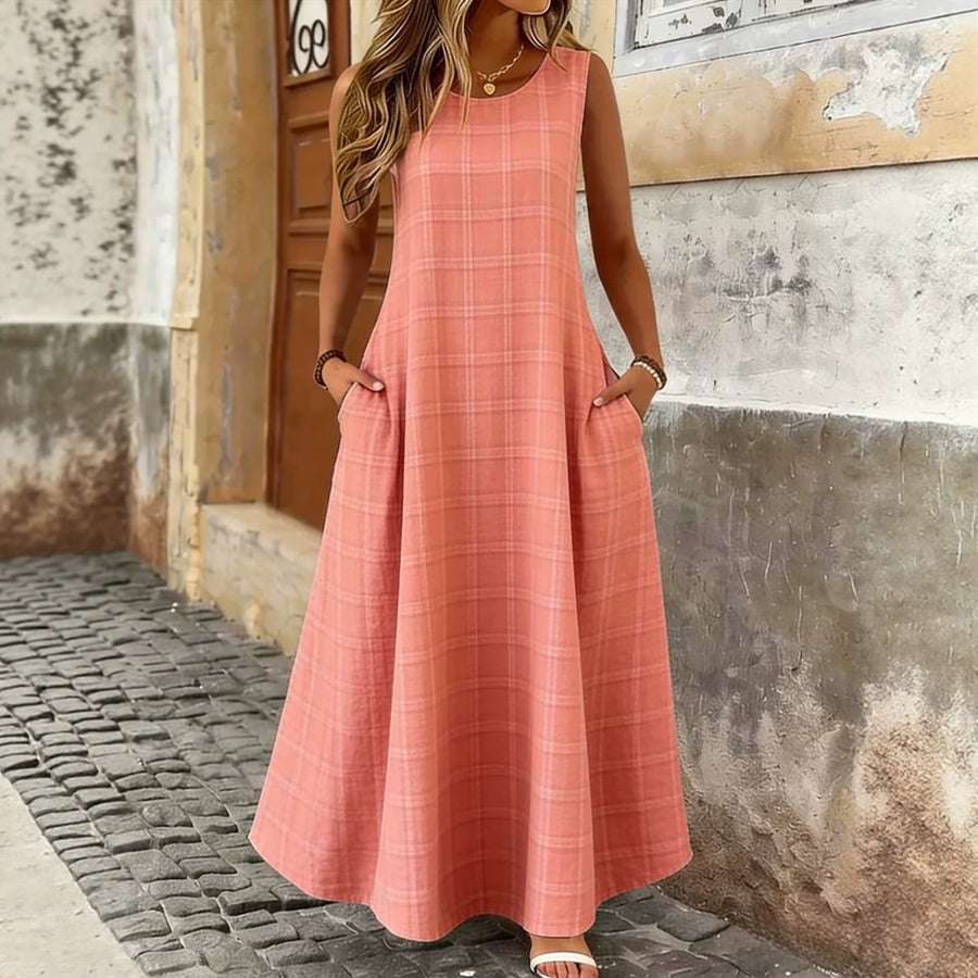 Stylish Printed Plaid Sleeveless Crew-Neck Dress for Women