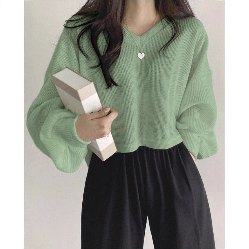 Womens Casual Versatile Solid-Color Pullover Crop Top