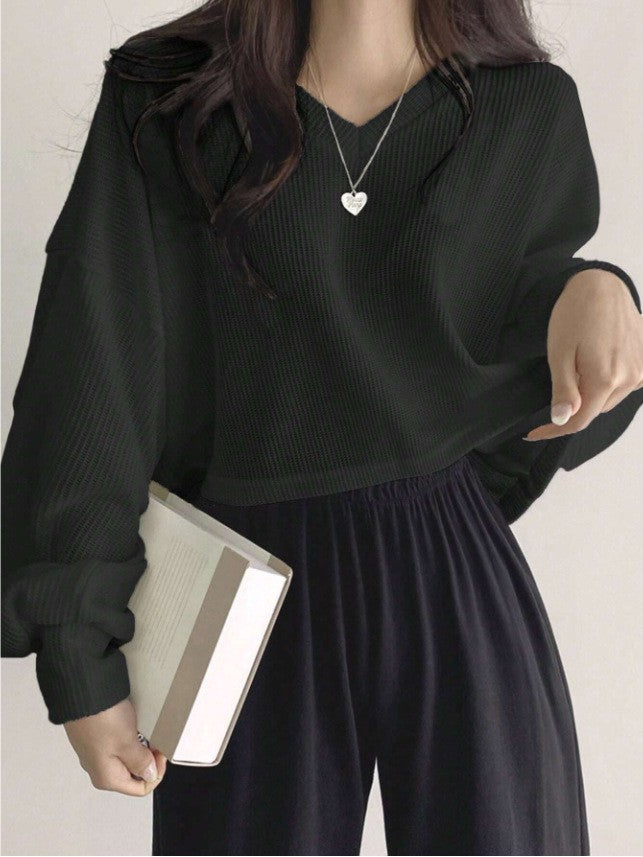 Womens Casual Versatile Solid-Color Pullover Crop Top
