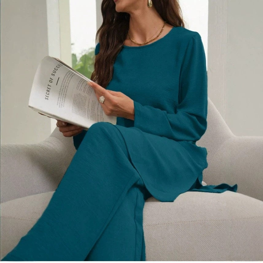 Womens Casual Solid-Color Long-Sleeve Crew-Neck Pants Set