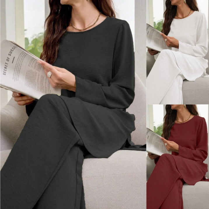 Womens Casual Solid-Color Long-Sleeve Crew-Neck Pants Set