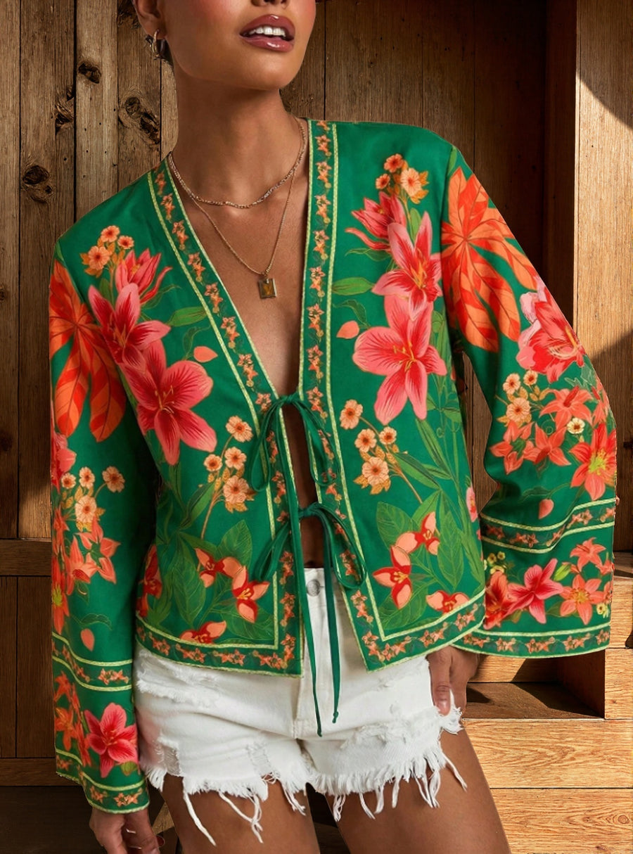 Stylish and Elegant Floral-Print Resort Style Cardigan for Women
