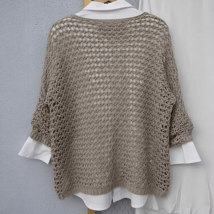 Relaxed Hollow-out Knit Sweater for Women - Oversized V-neck