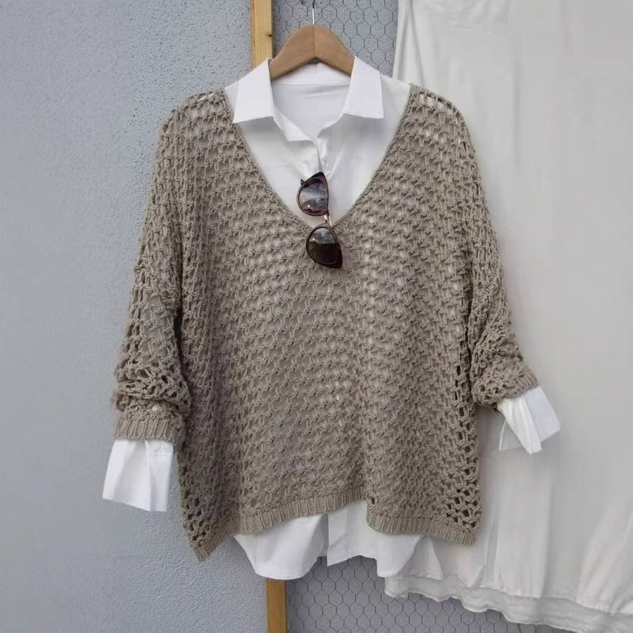 Relaxed Hollow-out Knit Sweater for Women - Oversized V-neck