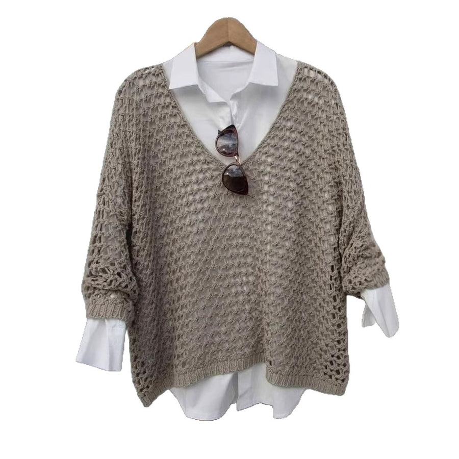 Relaxed Hollow-out Knit Sweater for Women - Oversized V-neck
