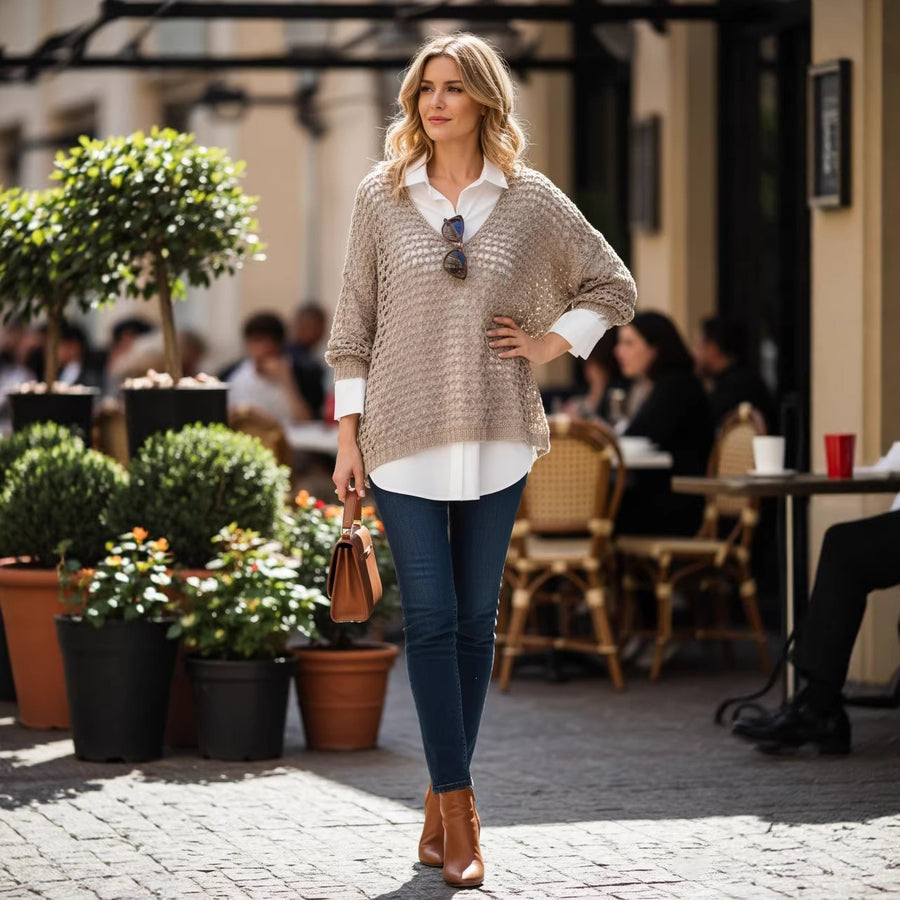 Relaxed Hollow-out Knit Sweater for Women - Oversized V-neck