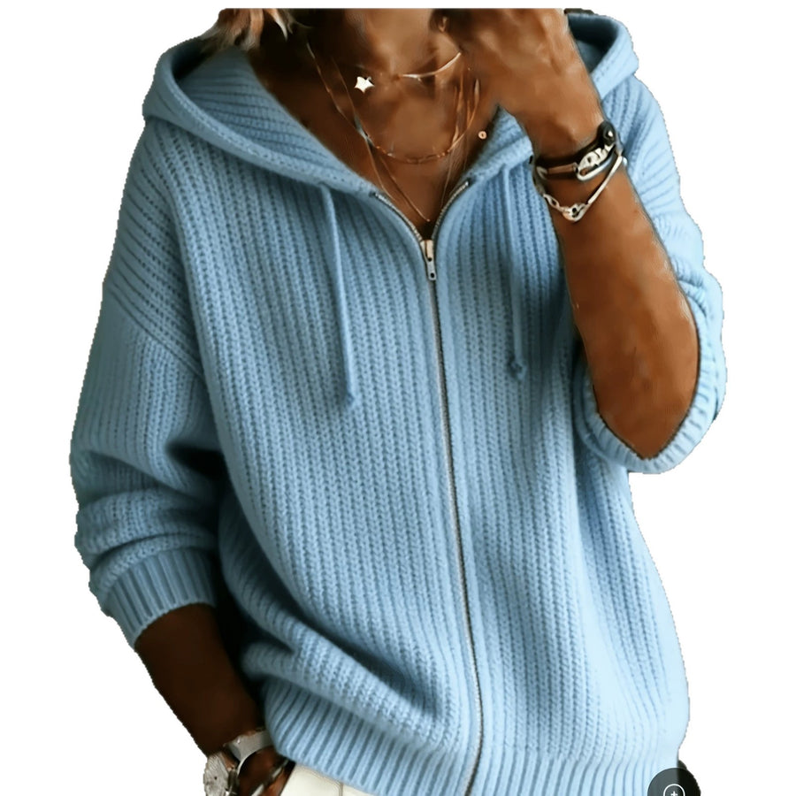 Relaxed Elegant Solid-Color Zip-Up Hooded Sweater