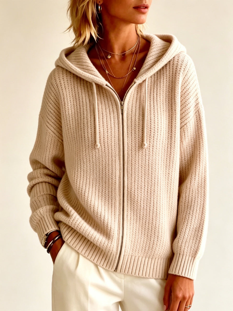 Relaxed Elegant Solid-Color Zip-Up Hooded Sweater