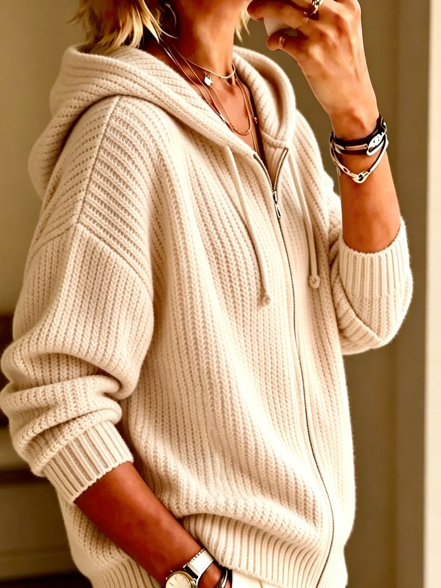 Relaxed Elegant Solid-Color Zip-Up Hooded Sweater