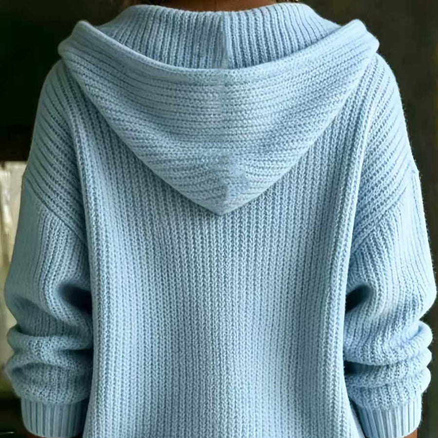 Relaxed Elegant Solid-Color Zip-Up Hooded Sweater