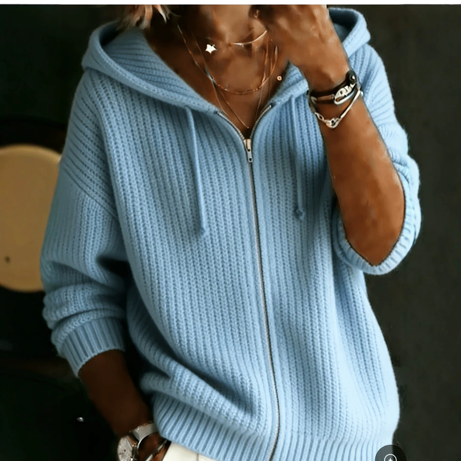 Relaxed Elegant Solid-Color Zip-Up Hooded Sweater