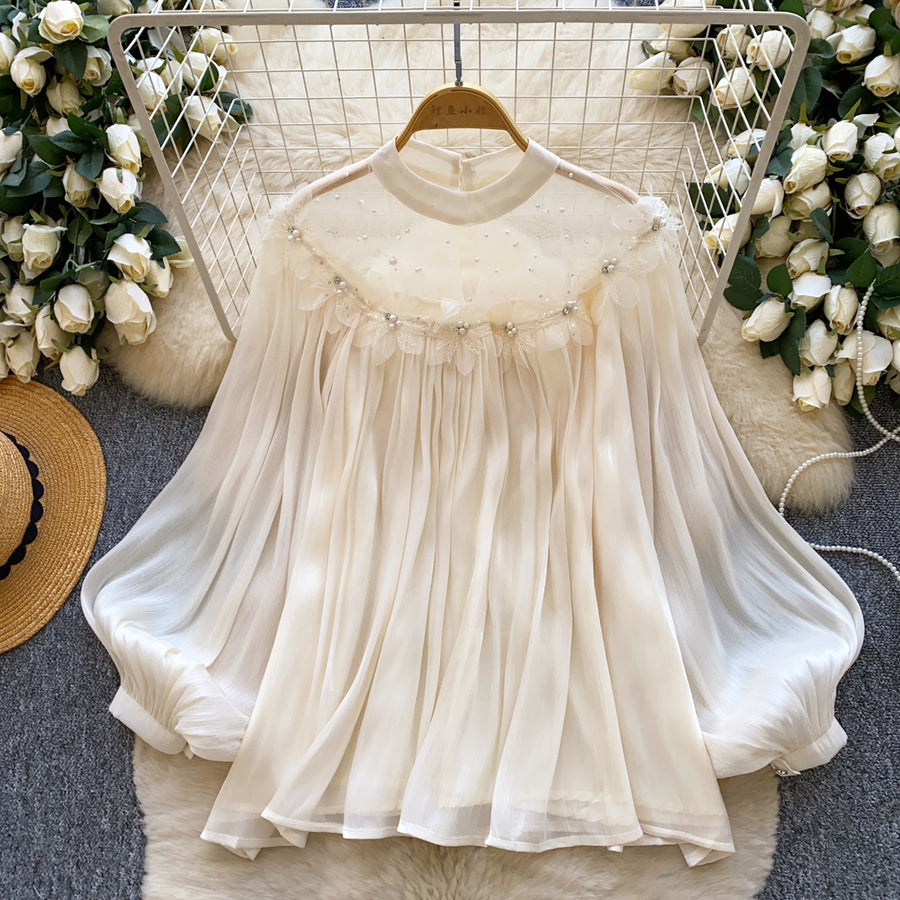 Fairy-style Puff-sleeve Mesh Long-sleeve Floral Blouse