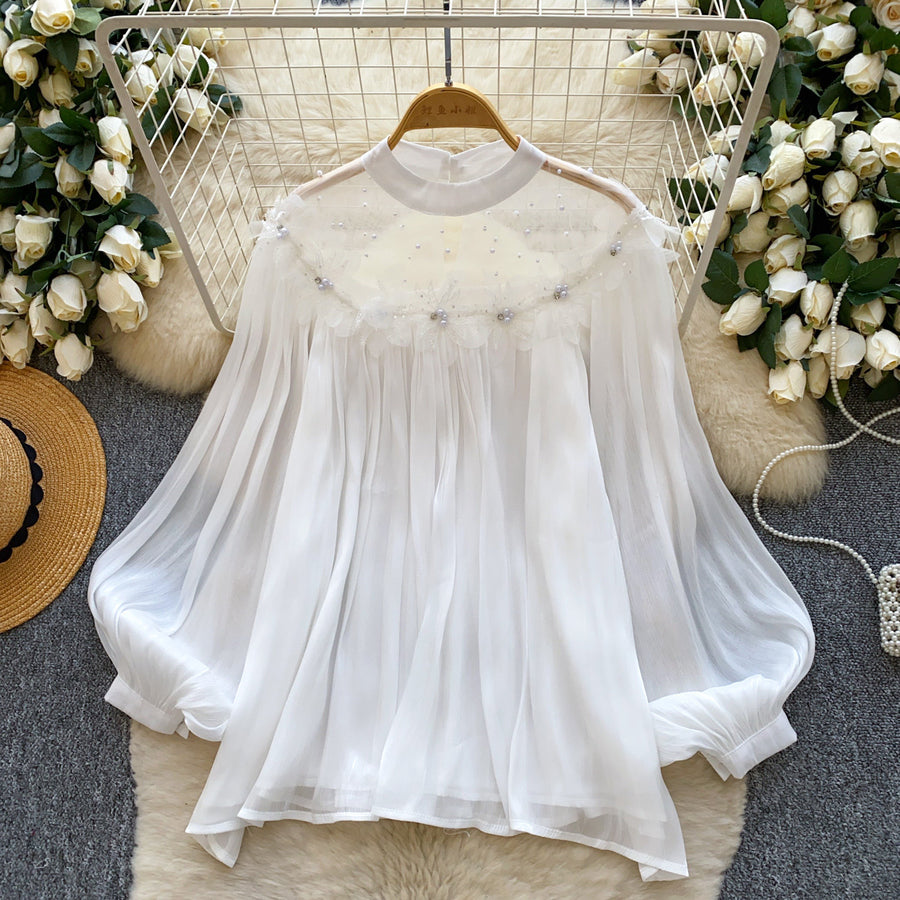 Fairy-style Puff-sleeve Mesh Long-sleeve Floral Blouse