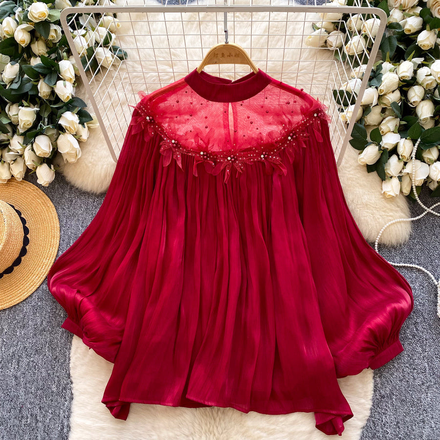 Fairy-style Puff-sleeve Mesh Long-sleeve Floral Blouse